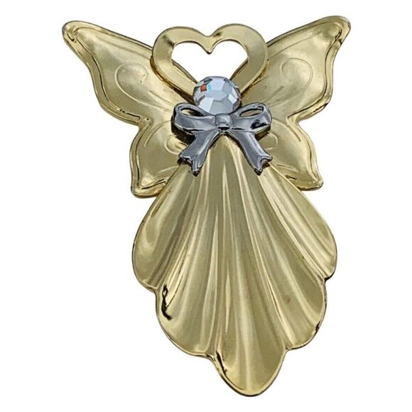 Vintage Jane Glass Crystal Gold Tone Heart Angel Brooch Pin Signed - Picture 4 of 7